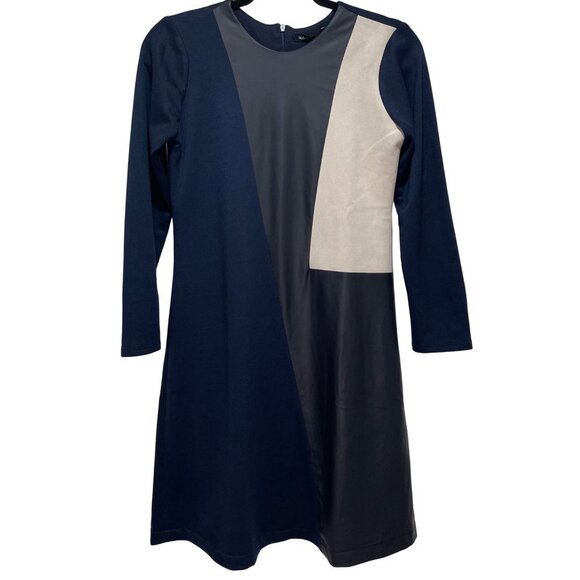 Mandrinne Fit to Flare Dress Navy Black Cream Colorblock Modest Girl's Size 14 - Picture 1 of 6